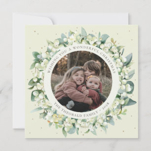 Cream Round/Square Snowberry+Eucalyptus Photo Holiday Card