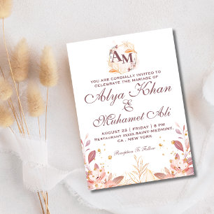 Cream Rustic botanical Flower initial Wedding  Invitation