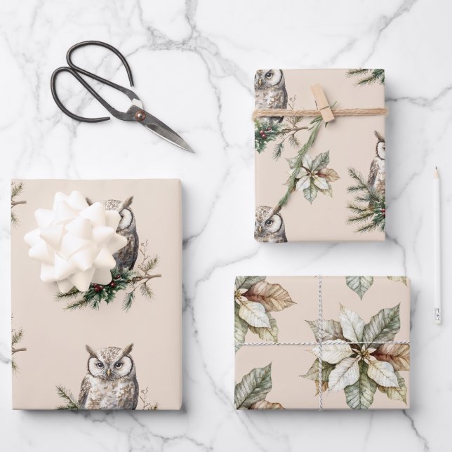 Cream Rustic Owls and Flowers Wrapping Paper Sheet (Front)
