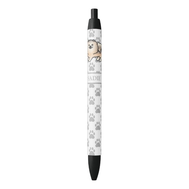 Cream Sable Pomeranian Cute Cartoon Dog & Name Black Ink Pen (Front Vertical)