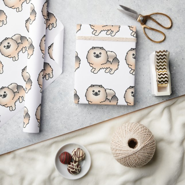 Cream Sable Pomeranian Cute Cartoon Dog Pattern Wrapping Paper (Crafts)