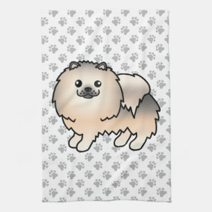 Cream Sable Pomeranian Cute Cartoon Dog & Paws Kitchen Towel