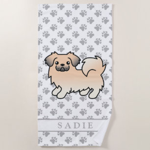 Cream Sable Tibetan Spaniel Cartoon Dog & Name Beach Towel