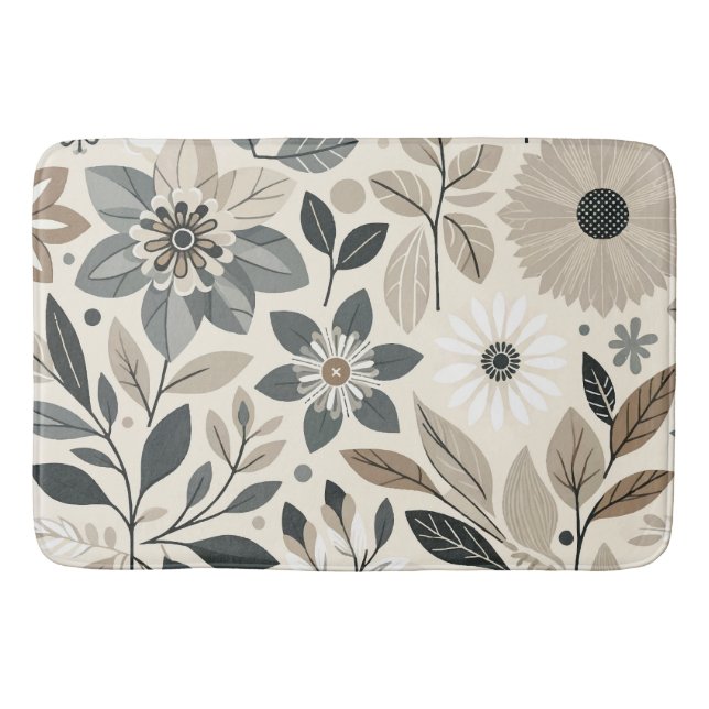 Cream & Sage Green Bold Modern Floral Pattern Bath Mat (Front)