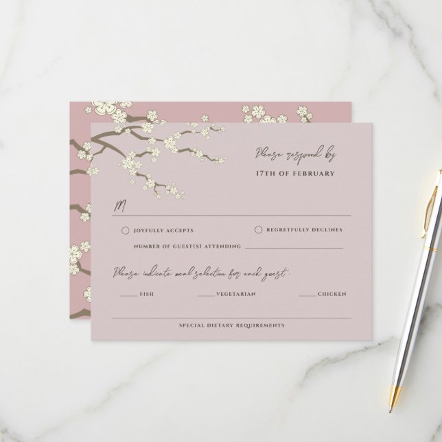 Cream Sakura Flowers Cherry Blossoms Pink Wedding RSVP Card (Front/Back In Situ)