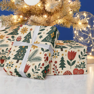 Cream Scandinavian Folk Botanical Christmas Wrapping Paper