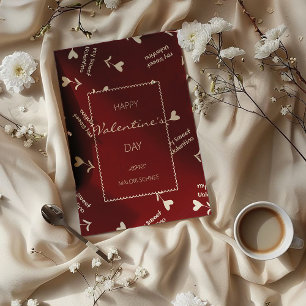 Cream Script Hearts on Burgundy– Valentine pattern Holiday Card