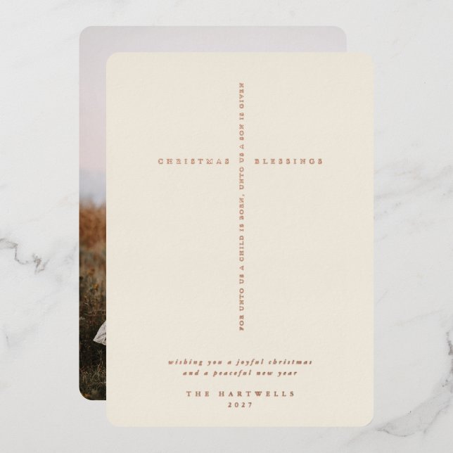 Cream Scripture Cross Photo Foil Holiday Card (Front/Back)