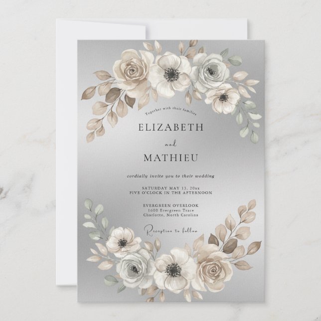 Cream Sepia Peony Wedding Invitation (Front)