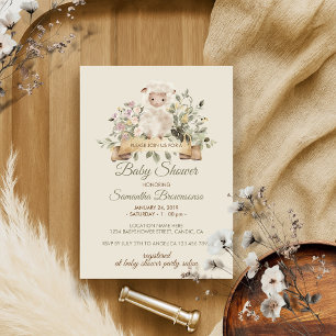 Cream Sheep Lamb Botanical Ribbon Baby Shower Invitation