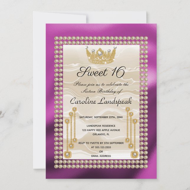 Cream Silk Sweet 16 Pearl Crown Fuchsia Metallic  Invitation (Front)
