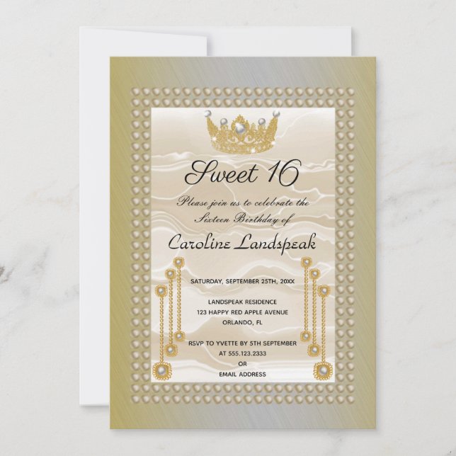 Cream Silk Sweet 16 Pearl Crown Yellow Metallic Invitation (Front)