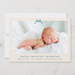 cream simple blue bow photo baby birth announcement