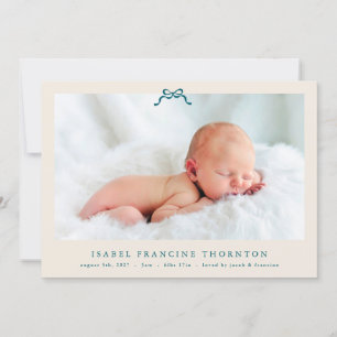 cream simple blue bow photo baby birth announcement