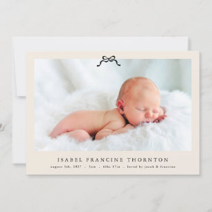 cream simple elegant black bow photo baby birth announcement