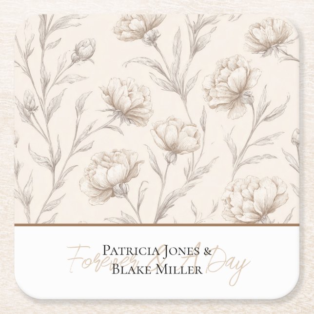 Cream Sketched Flowers Wedding Square Paper Coaster (Front)