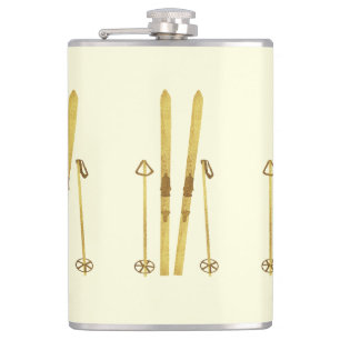 Cream Skis And Poles   Vintage Ski Illustration Hip Flask