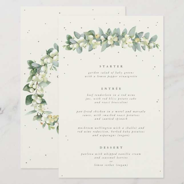 Cream Snowberry + Eucalyptus 3 Course Wedding Menu (Front/Back)