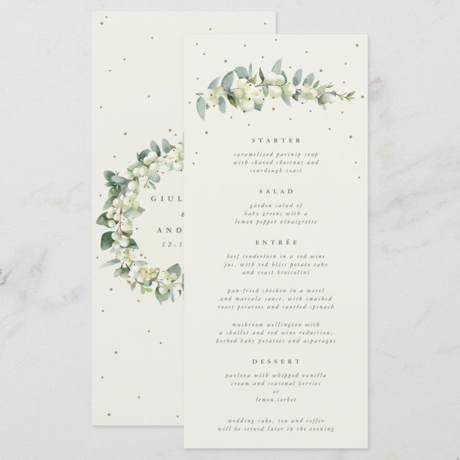 Cream Snowberry+Eucalyptus 4 Course Wedding Flat Menu (Front/Back)