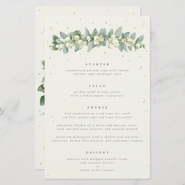 Cream Snowberry + Eucalyptus 4 Course Wedding Menu (Front/Back)
