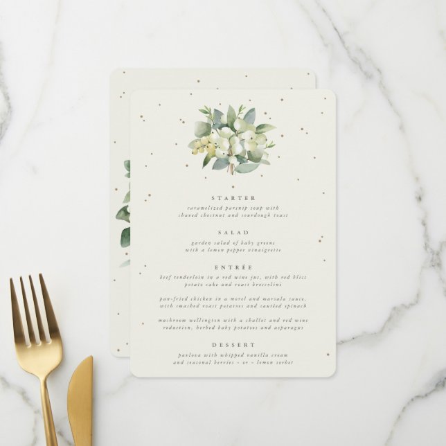Cream Snowberry + Eucalyptus 4 Course Wedding Menu (Front/Back In Situ)