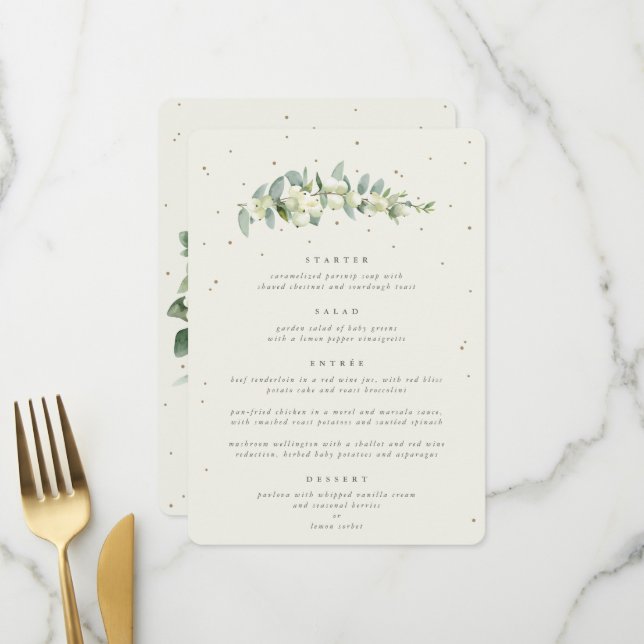 Cream Snowberry + Eucalyptus 4 Course Wedding Menu (Front/Back In Situ)
