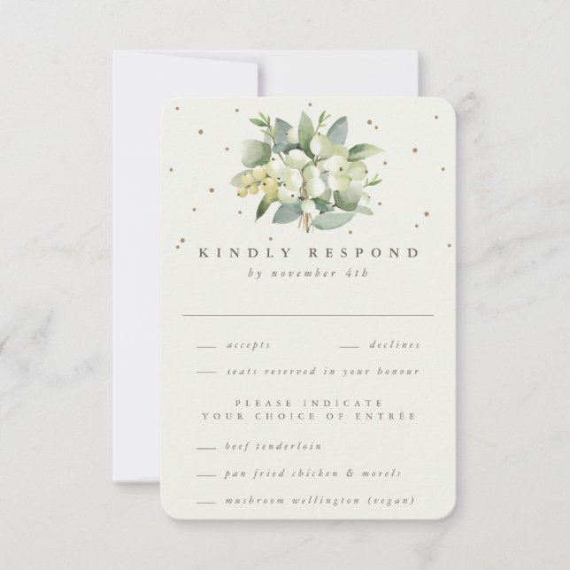 Cream Snowberry+Eucalyptus Bouquet Winter Wedding RSVP Card (Front)