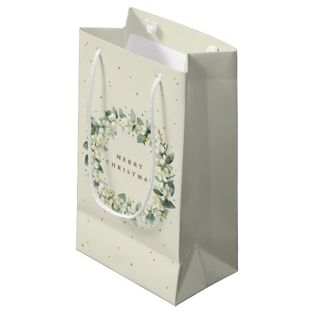 Cream Snowberry+Eucalyptus Christmas/Holiday Small Gift Bag (Front Angled)