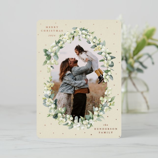 Cream Snowberry+Eucalyptus Christmas Photo Foil Holiday Card (Standing Front)