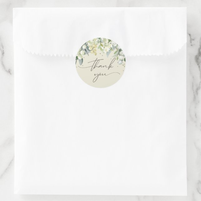 Cream Snowberry+Eucalyptus Christmas Thank You Classic Round Sticker (Bag)