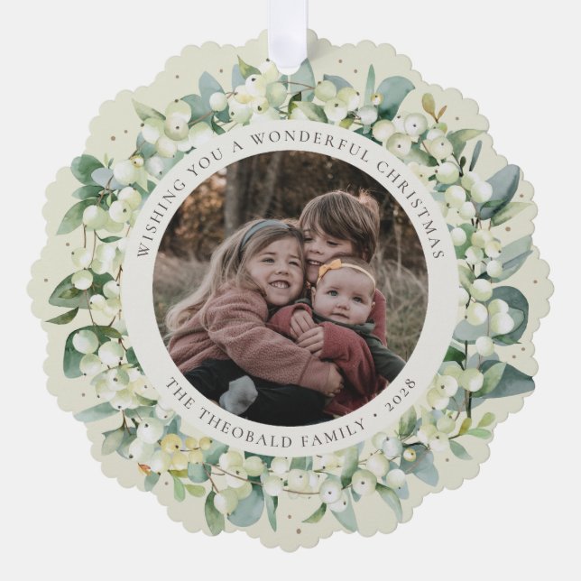 Cream Snowberry+Eucalyptus Christmas Wreath Photo  Ornament Card (Front)