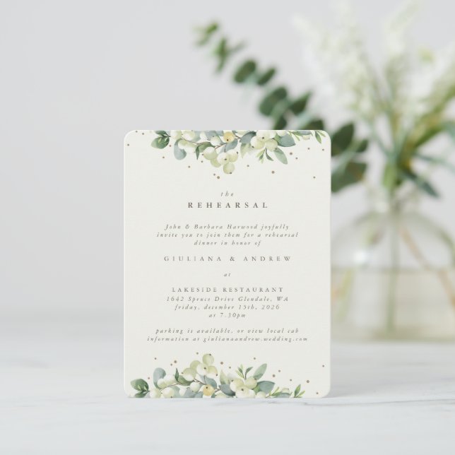 Cream Snowberry+Eucalyptus Edged Wedding Rehearsal Enclosure Card (Standing Front)