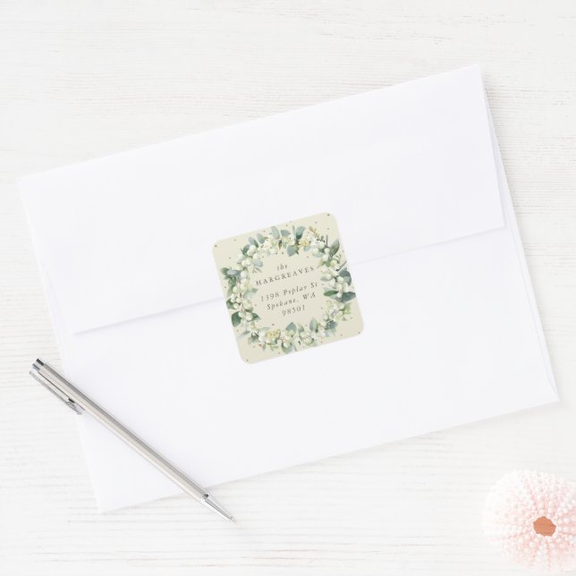 Cream Snowberry+Eucalyptus Holiday Wreath Address Square Sticker (Envelope)