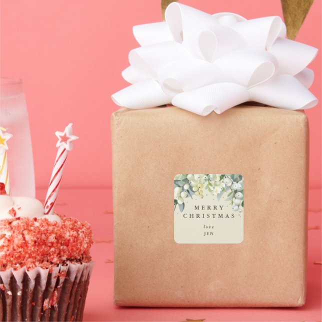 Cream Snowberry+Eucalyptus Merry Christmas/Custom Square Sticker (Party)