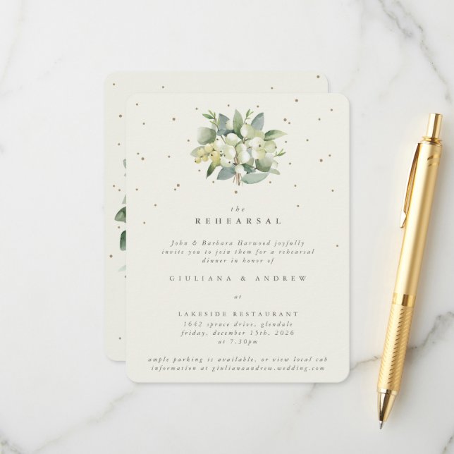 Cream Snowberry+Eucalyptus Wedding Rehearsal Enclosure Card (Front/Back In Situ)