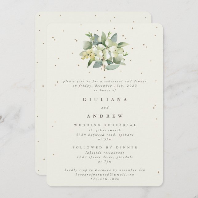 Cream Snowberry+Eucalyptus Wedding Rehearsal Invitation (Front/Back)
