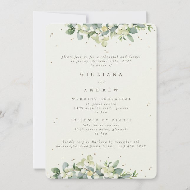 Cream Snowberry+Eucalyptus Wedding Rehearsal Invitation (Front)
