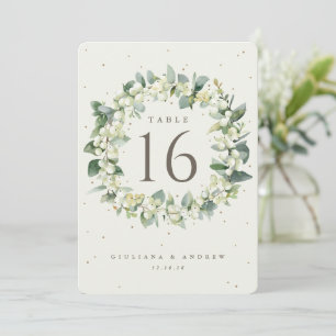 Cream Snowberry+Eucalyptus Wedding Table Number