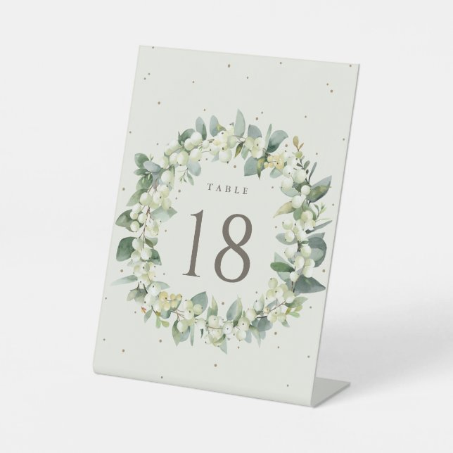 Cream Snowberry + Eucalyptus Wedding Table Number Pedestal Sign (Front)