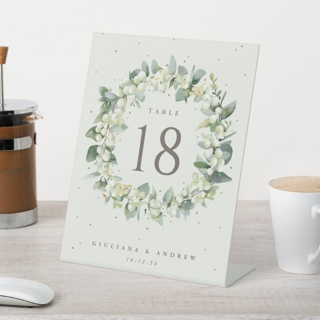 Cream Snowberry + Eucalyptus Wedding Table Number Pedestal Sign (In SItu)