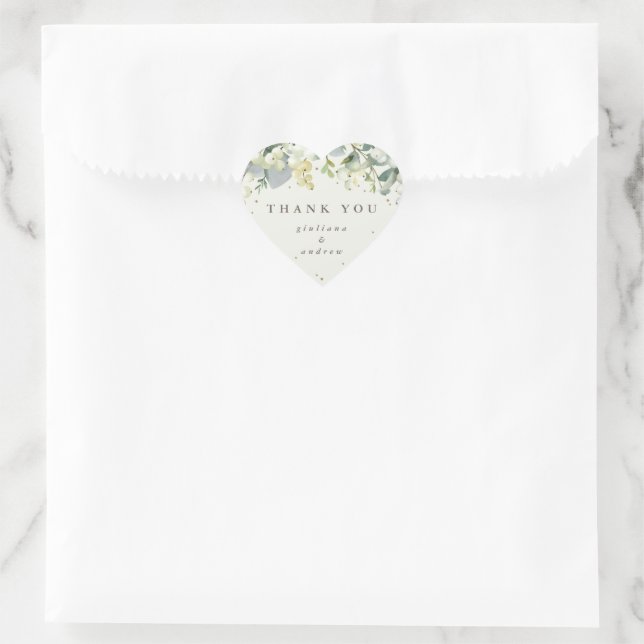 Cream Snowberry+Eucalyptus Wedding Thank You Heart Sticker (Bag)