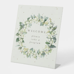 Cream Snowberry+Eucalyptus Welcome Program Table Pedestal Sign