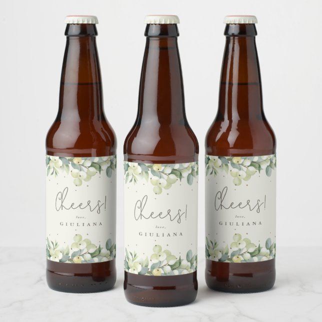 Cream Snowberry+Eucalyptus Winter Bachelorette Beer Bottle Label (Bottles)