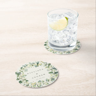 Cream Snowberry & Eucalyptus Winter Wedding  Round Paper Coaster