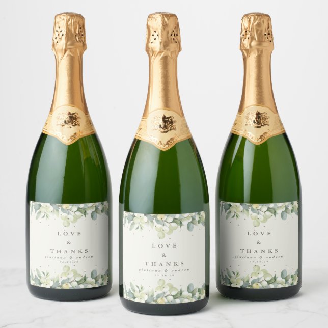 Cream Snowberry+Eucalyptus Winter Wedding Sparkling Wine Label (Bottles)