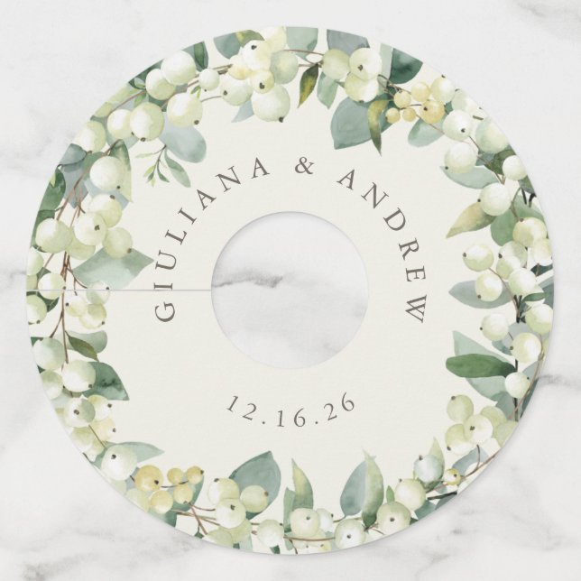 Cream Snowberry & Eucalyptus Winter Wedding Wine Glass Tag (Front)