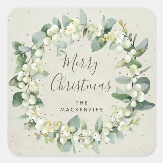 Cream Snowberry+Eucalyptus Wreath Merry Christmas Square Sticker (Front)