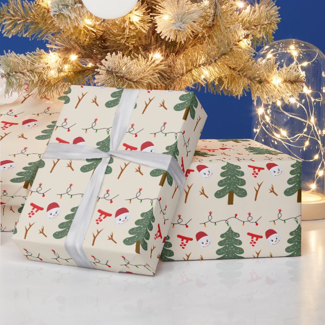 Cream Snowmen and Christmas Trees Christmas Wrapping Paper (Holidays)