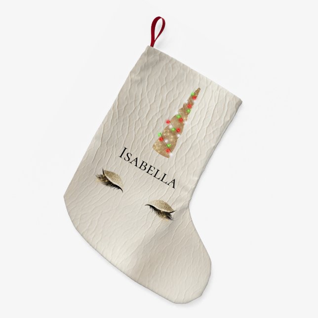 Cream Sparkle Gold Glam Unicorn Lights Small Christmas Stocking (Front (Hanging))