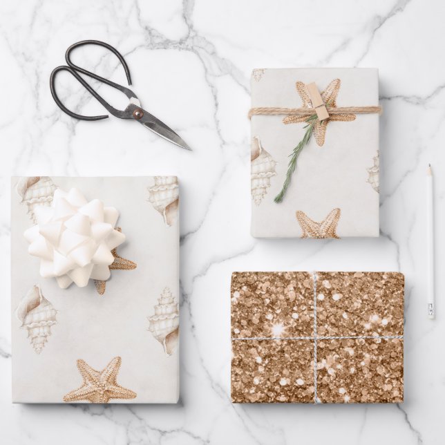 Cream Starfish Shells Beach Wedding Wrapping Paper Sheet (Front)